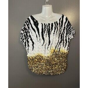 FC Blouse Womens Large Black White Gold Textured Animal Print Crinkle Shirt Top